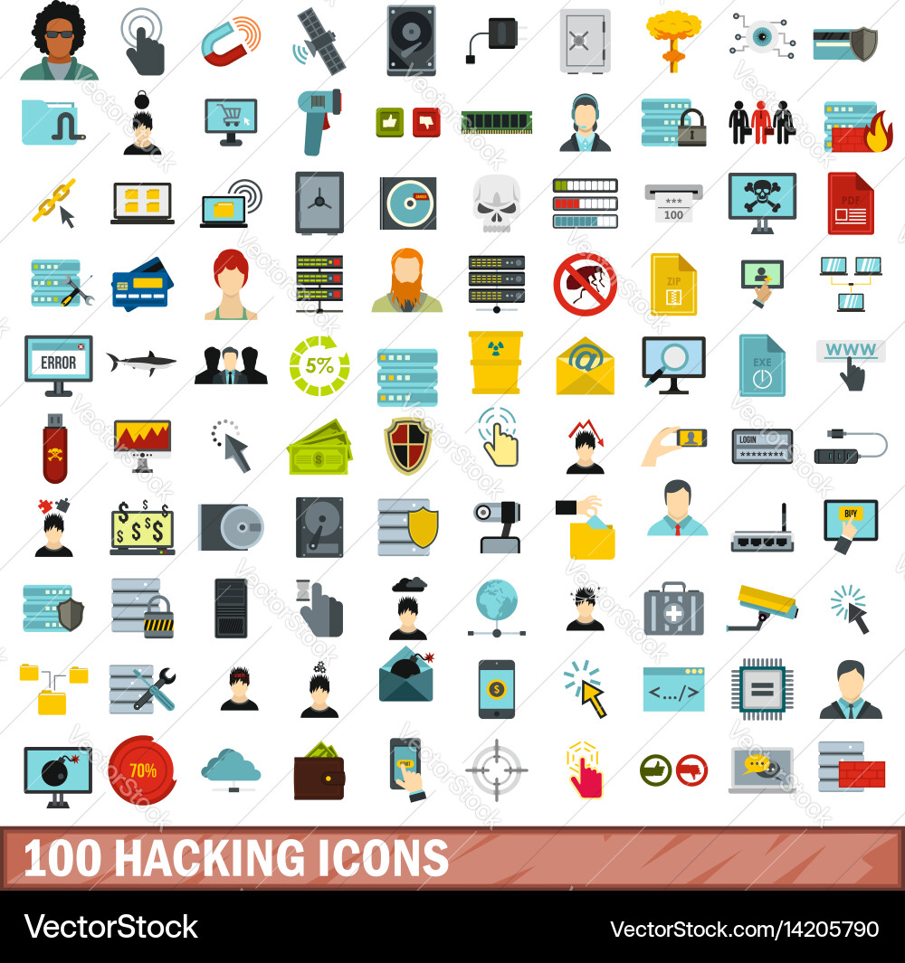 100 hacking icons set flat style vector image