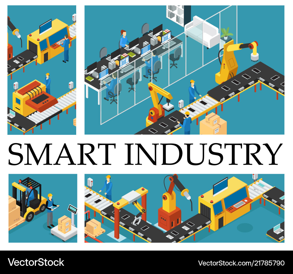 Isometric automated factory composition vector image