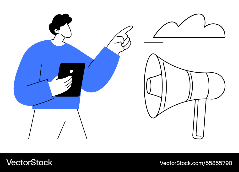 Person with tablet communicating a message using Person with tablet communicating a message using vector image
