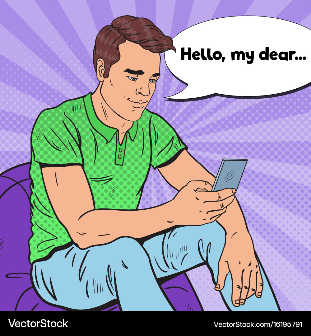 Pop art man is reading text message on smartphone vector image