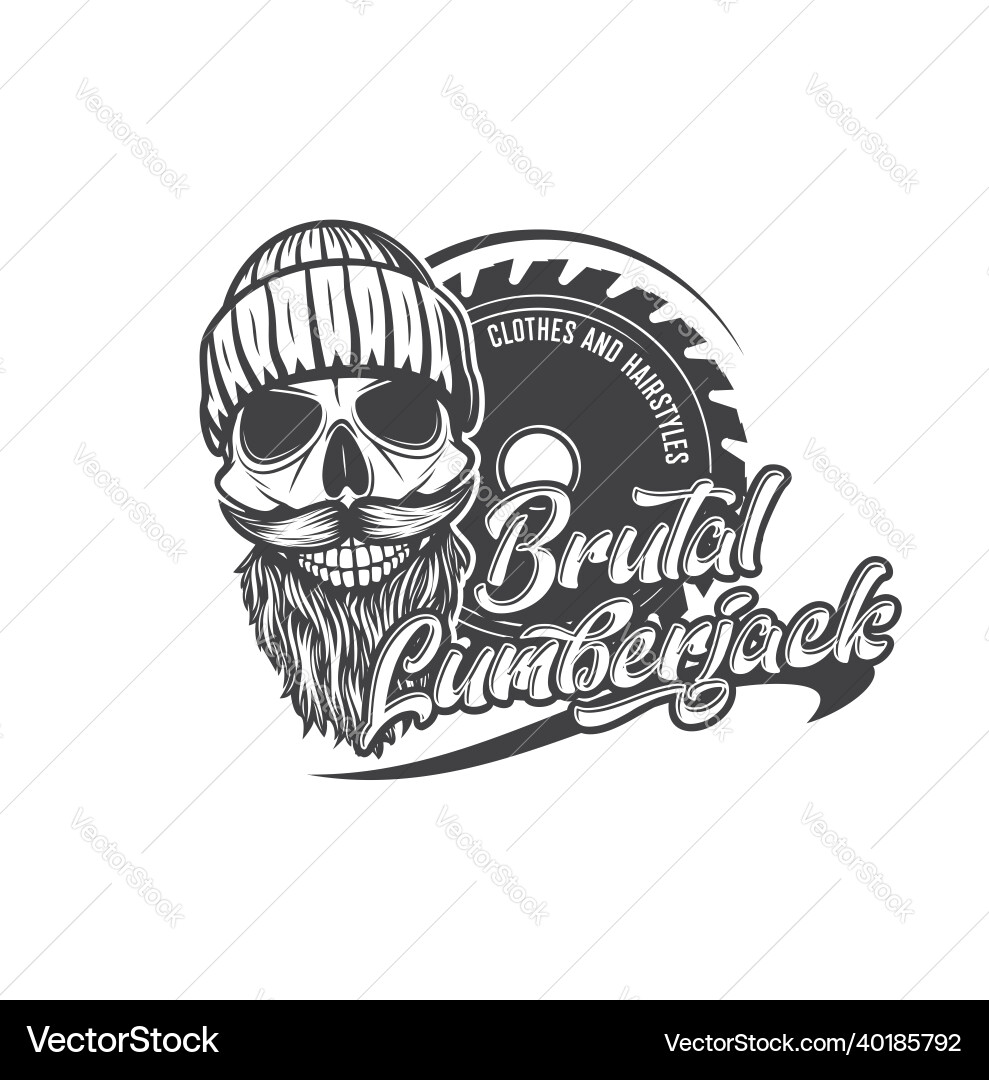 Brutal lumberjack skull with beard woodwork saw Brutal lumberjack skull with beard woodwork saw vector image