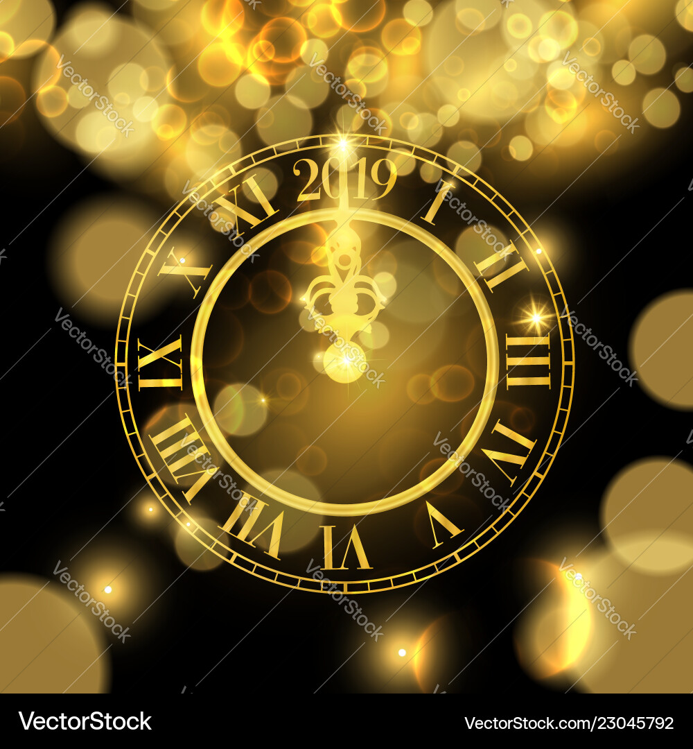 Gold new years 2019 clock luxury greeting card Gold new years 2019 clock luxury greeting card vector image