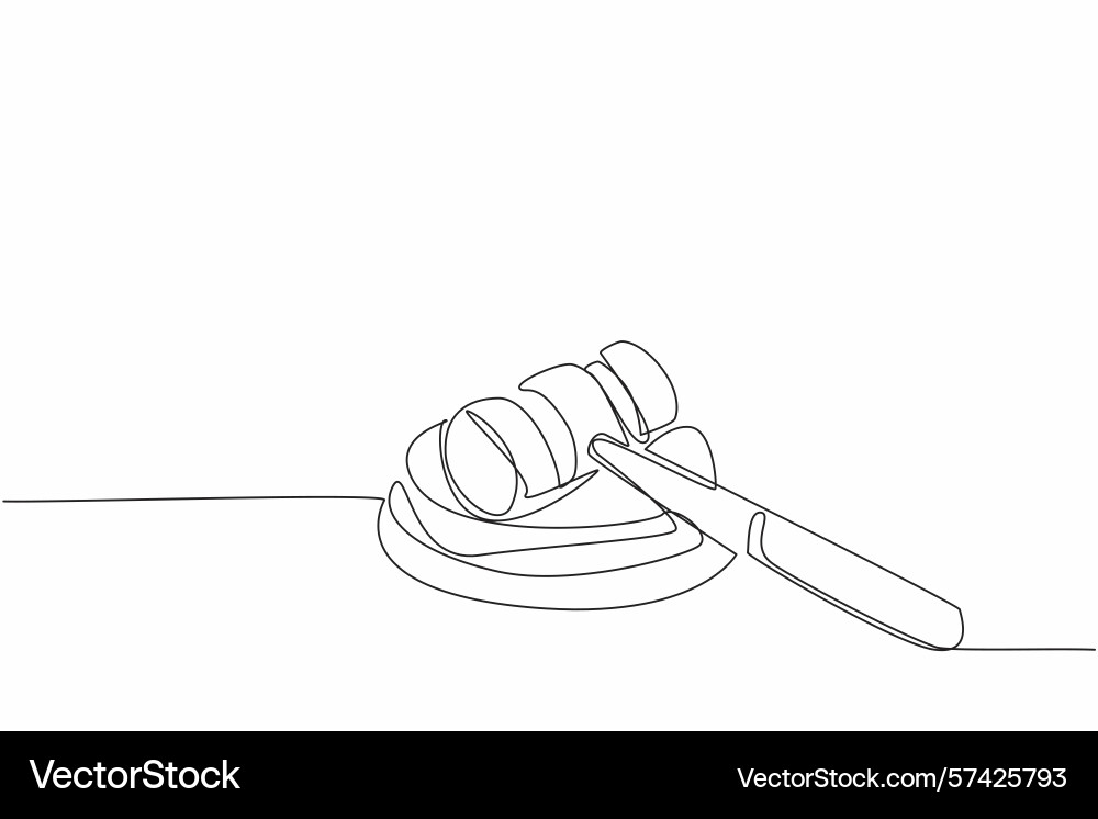 Single continuous line drawing judge gavel lying vector image