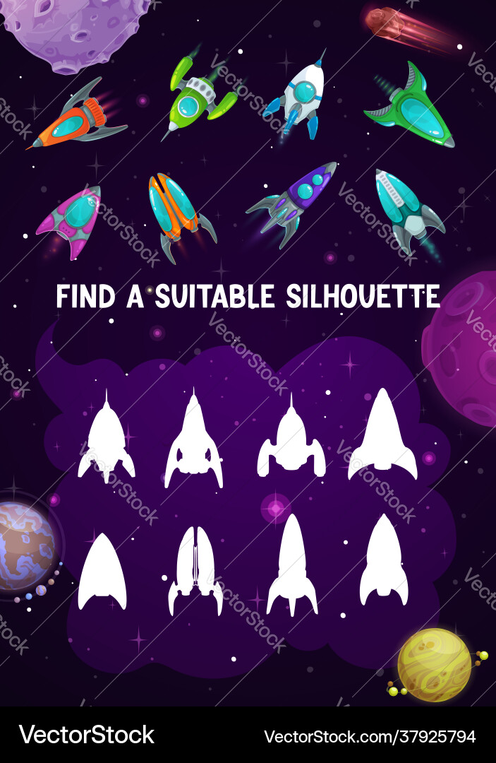Kids game with spaceships shadow match riddle Kids game with spaceships shadow match riddle vector image