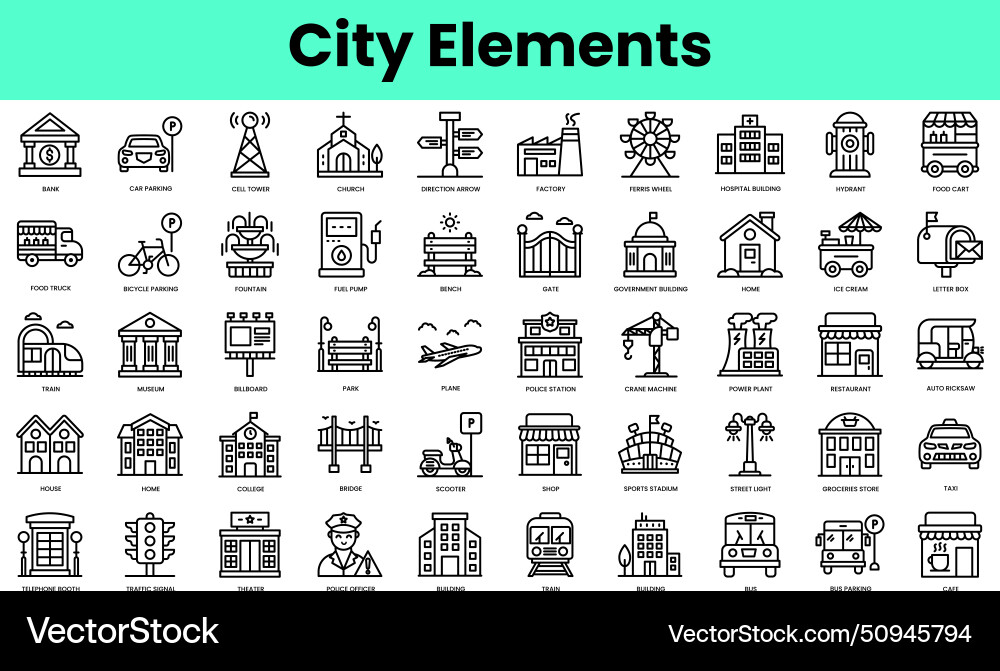 Set of city elements icons linear style icon Set of city elements icons linear style icon vector image