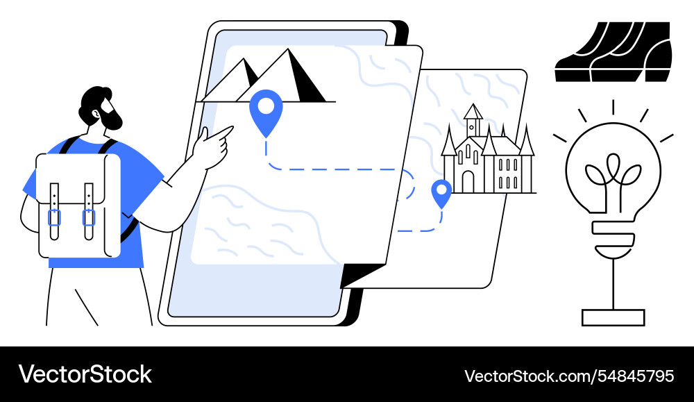 Explorer navigating through map with destination Vector Image
