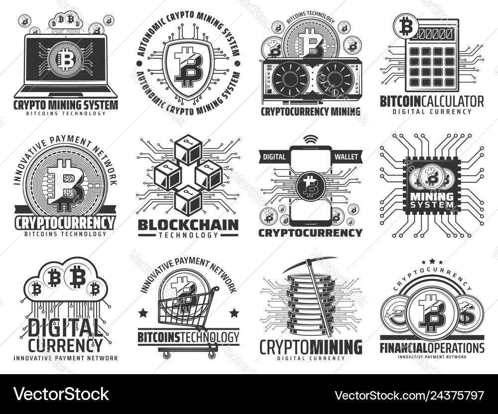 Cryptocurrency mining and blockchain icons Cryptocurrency mining and blockchain icons vector image