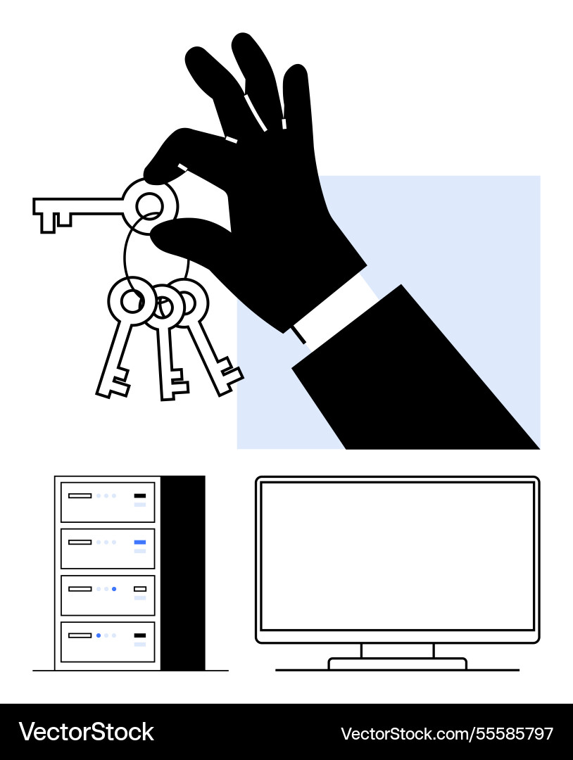 Hand holding keys with computer server and monitor Hand holding keys with computer server and monitor vector image