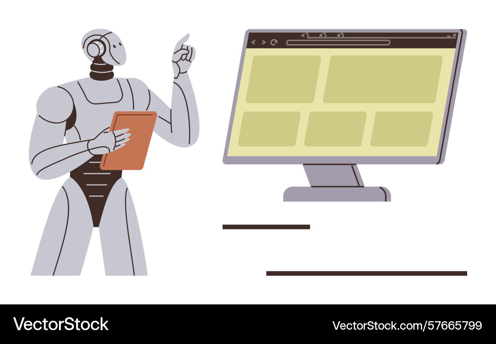 Robot analyzing data on computer screen vector image