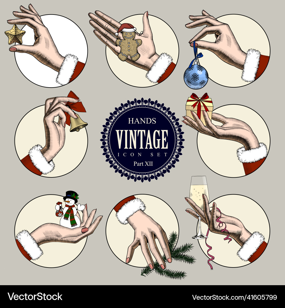 Set of vintage engraving icons with hands holding Set of vintage engraving icons with hands holding vector image