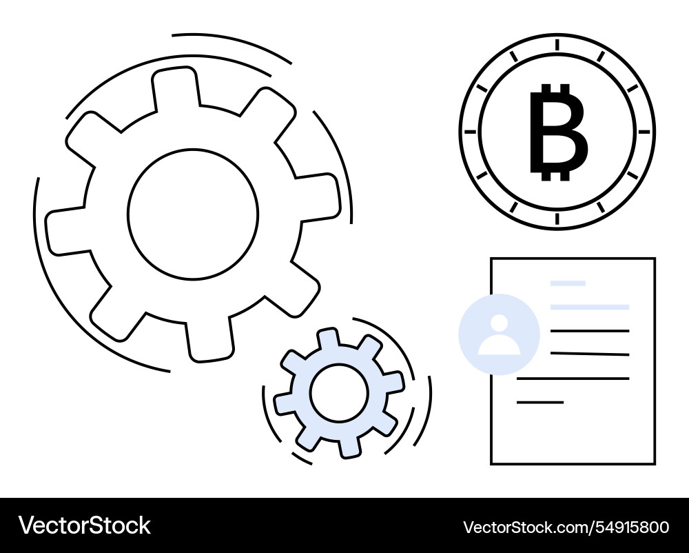 Gears bitcoin symbol and document with profile Gears bitcoin symbol and document with profile Vector Image