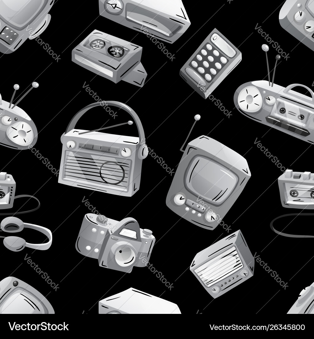 Seamless pattern with retro devices in grayscale Vector Image
