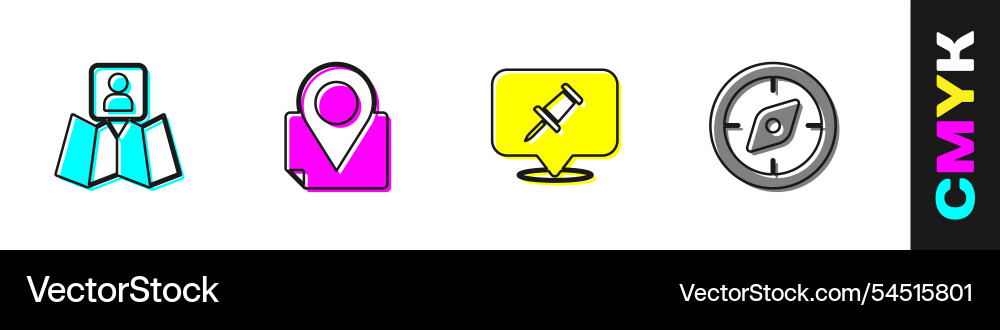 Set folded map with location marker push pin vector image