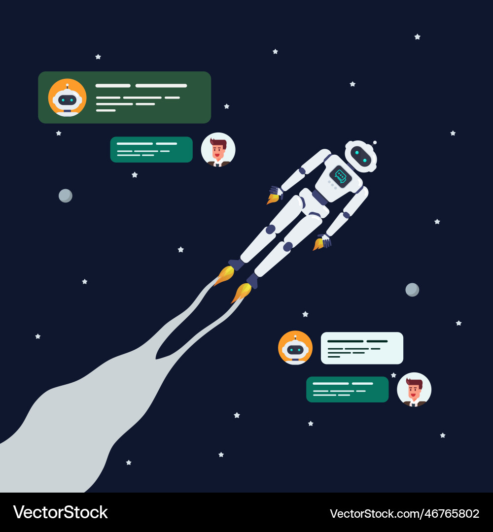 Android chatbot is flying on space background vector image