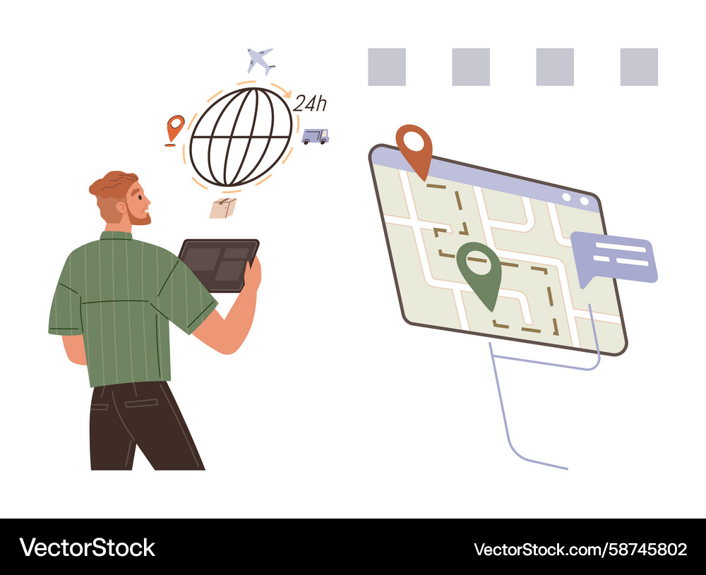 Man Tracking Route on Tablet Map Vector Image