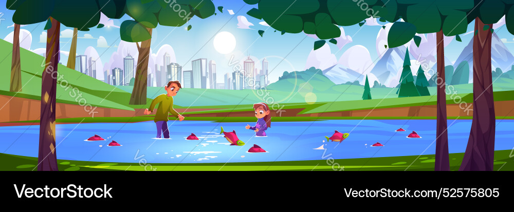 Children catching fish in city lake Children catching fish in city lake vector image