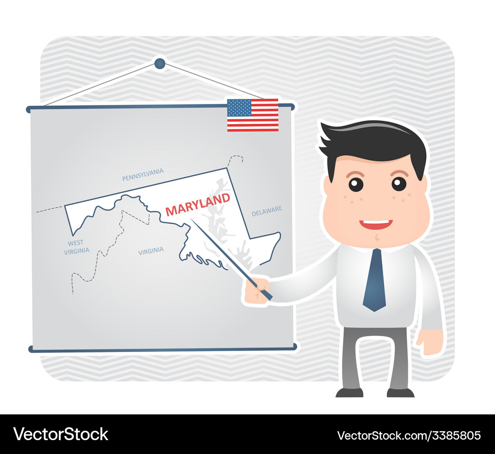 Man with a pointer points to map of maryland Vector Image