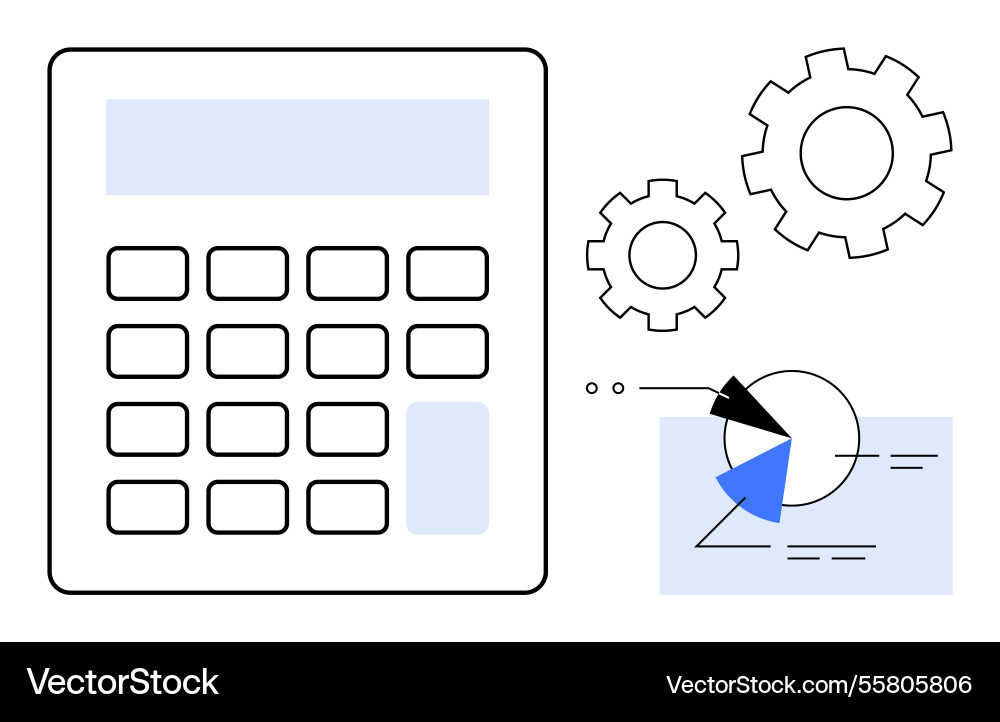 Calculator with gears and pie chart representing Calculator with gears and pie chart representing Vector Image