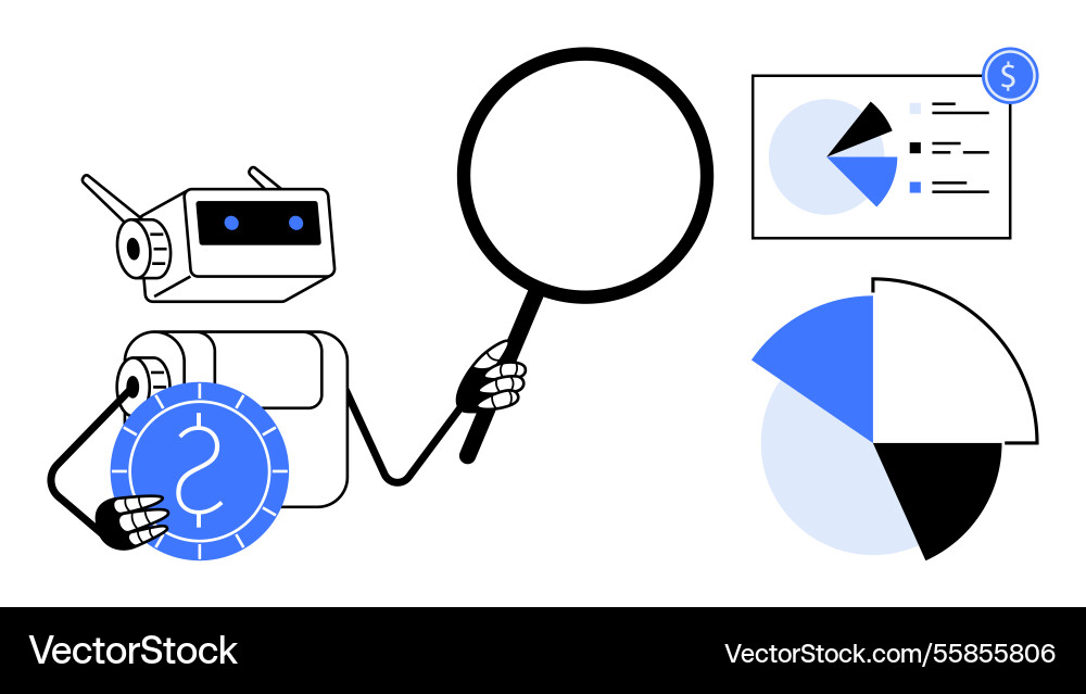 Robot analyzing financial data with magnifying Robot analyzing financial data with magnifying Vector Image