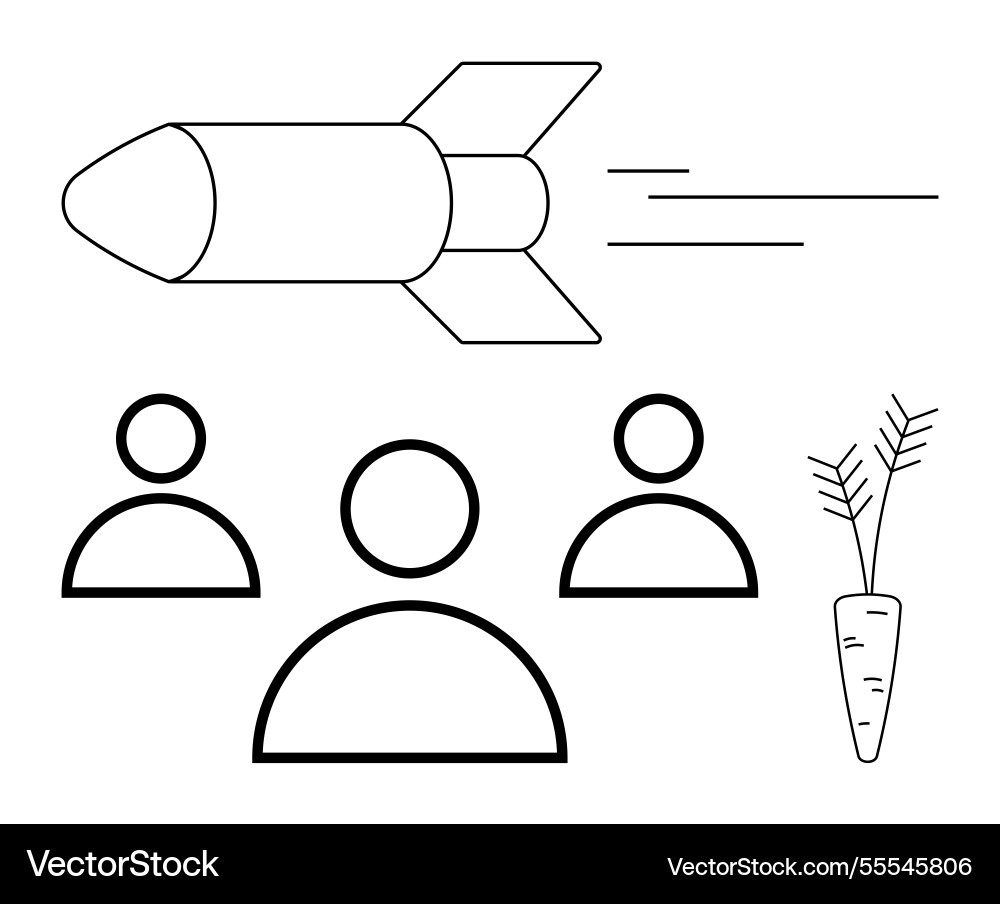 Rocket in motion with three figures and a carrot Rocket in motion with three figures and a carrot Vector Image