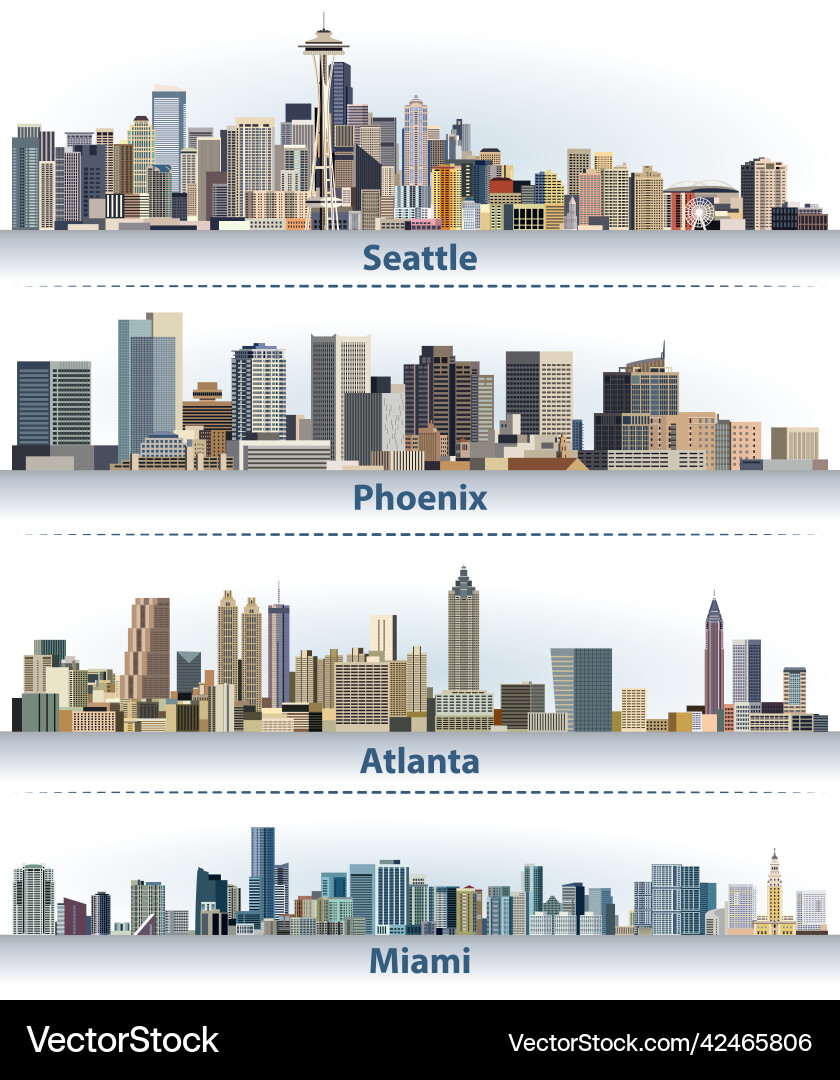 US City Skylines: Seattle, Phoenix, Atlanta, Miami Vector Image