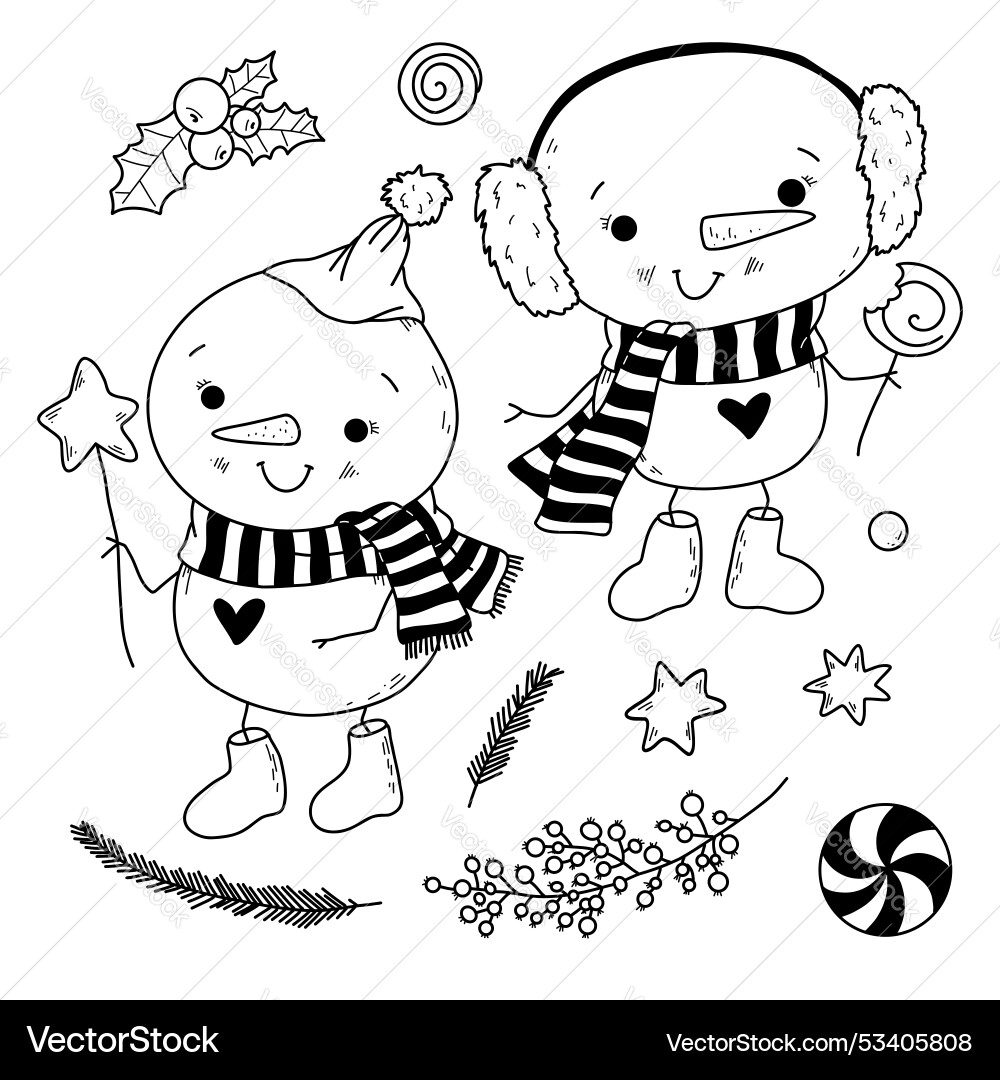 Cute christmas characters coloring pages set Cute christmas characters coloring pages set vector image