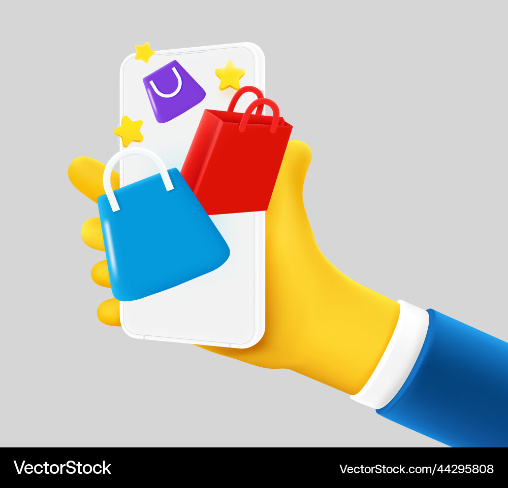 Man holding smartphone with shopping bags 3d Vector Image
