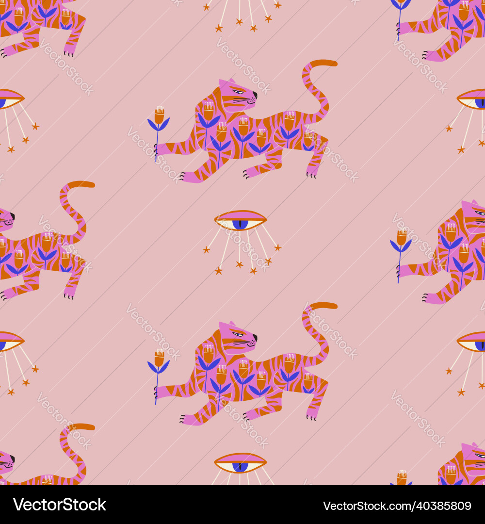 Exotic seamless pattern with folk art tigers Exotic seamless pattern with folk art tigers vector image