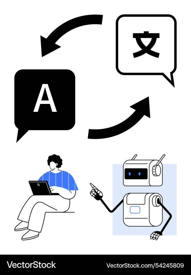 Human and robot translators connecting languages Human and robot translators connecting languages vector image