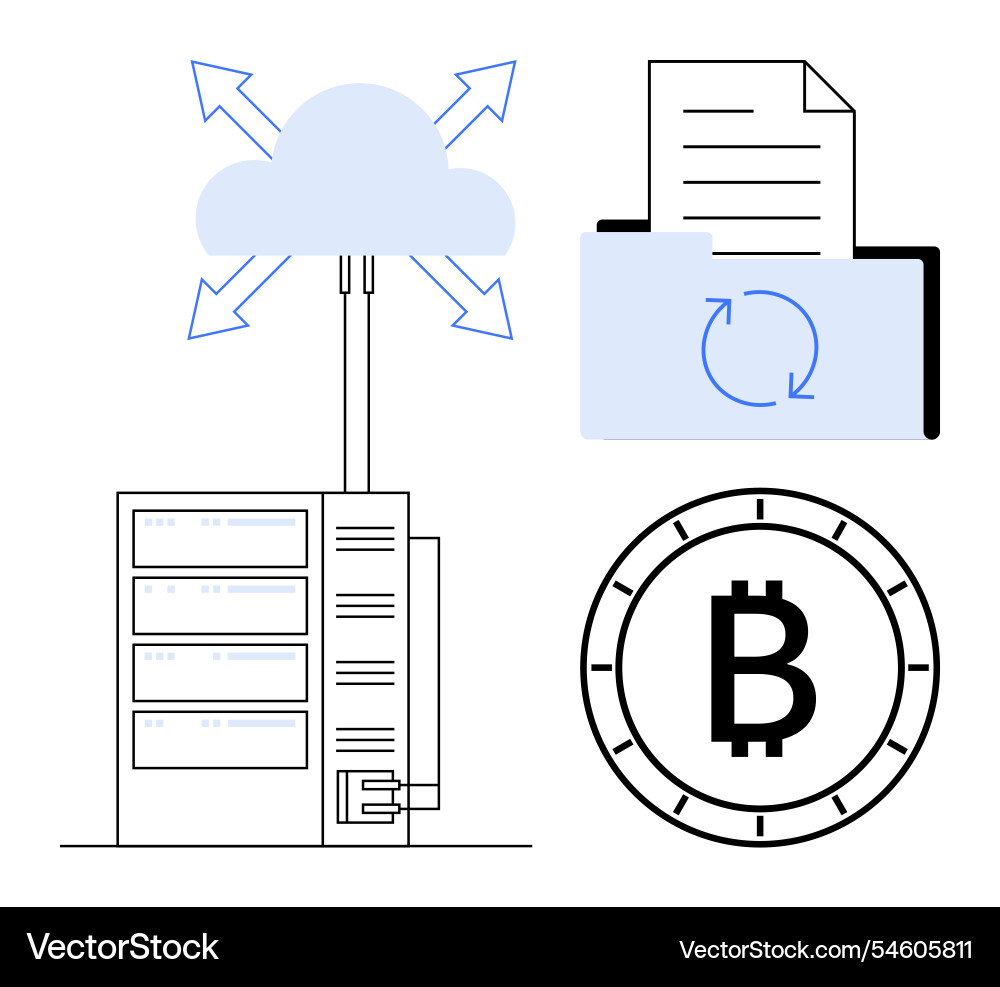 Cloud storage data synchronization and bitcoin Cloud storage data synchronization and bitcoin vector image