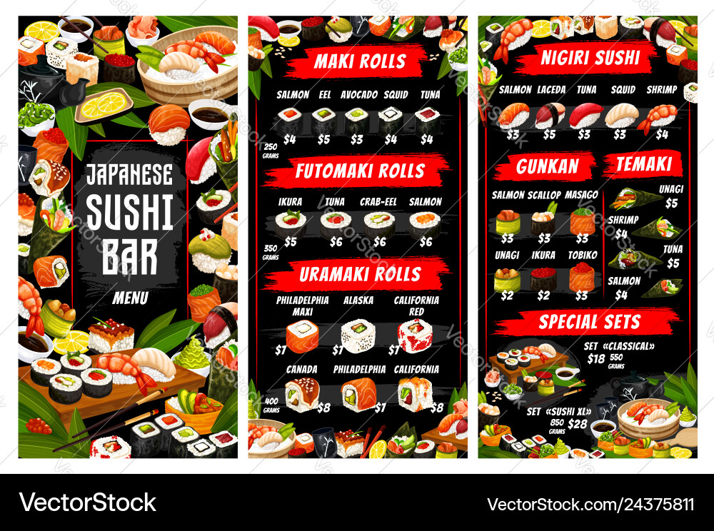 Japanese cuisine menu sushi and rolls vector image