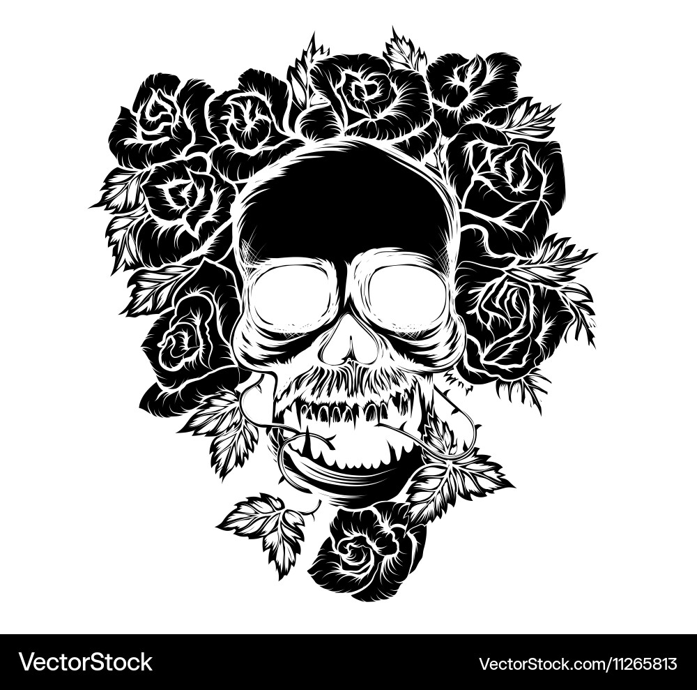 Black Skull with Rose Flowers Vector Image