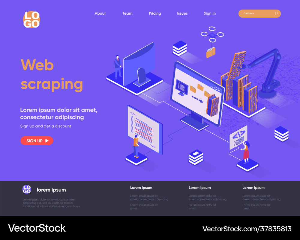 Web scraping isometric landing page vector image