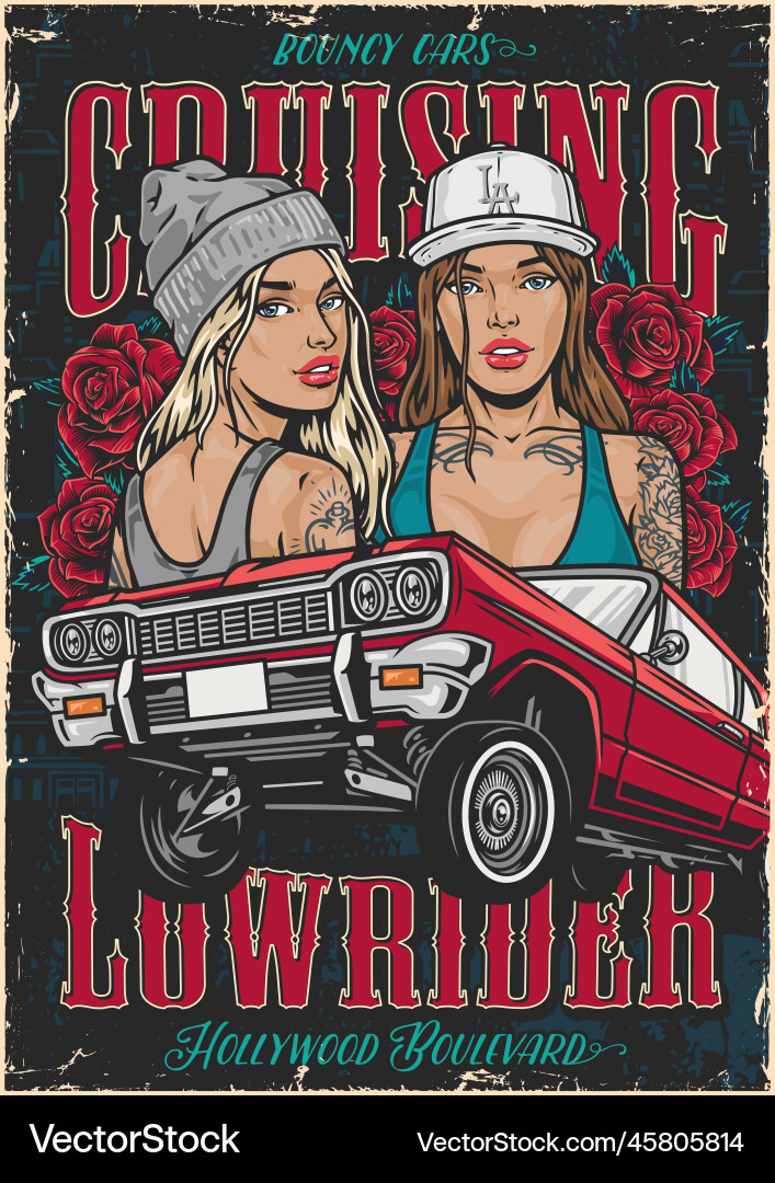 Girl friends lowriders colorful poster vector image