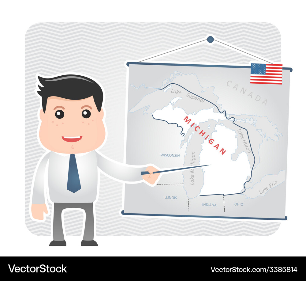 Man with a pointer points to map of michigan Vector Image