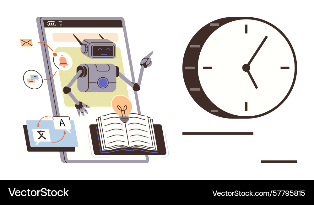 Robot assisting with tasks through smartphone Robot assisting with tasks through smartphone vector image