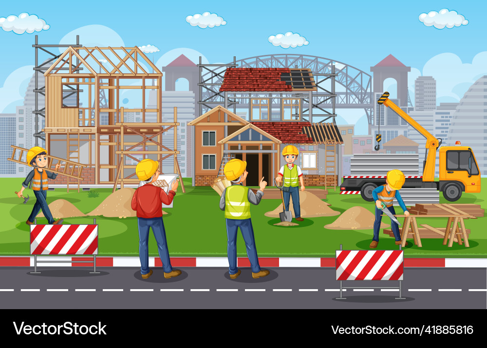 Building construction site with workers Vector Image