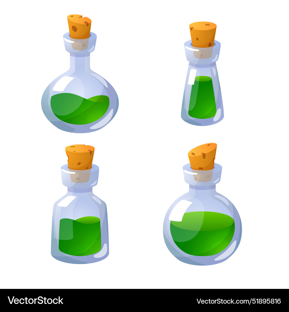 Glasflaschen mit grünem Trank Set von Spielsymbolen Glasflaschen mit grünem Trank Set von Spielsymbolen vektorbild