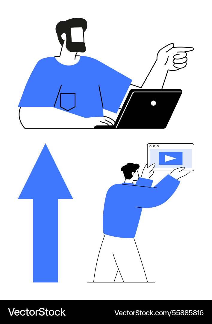 Person pointing while using a laptop and another Vector Image