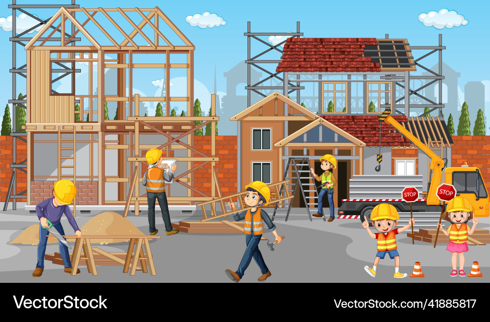 Building construction site with workers Building construction site with workers vector image
