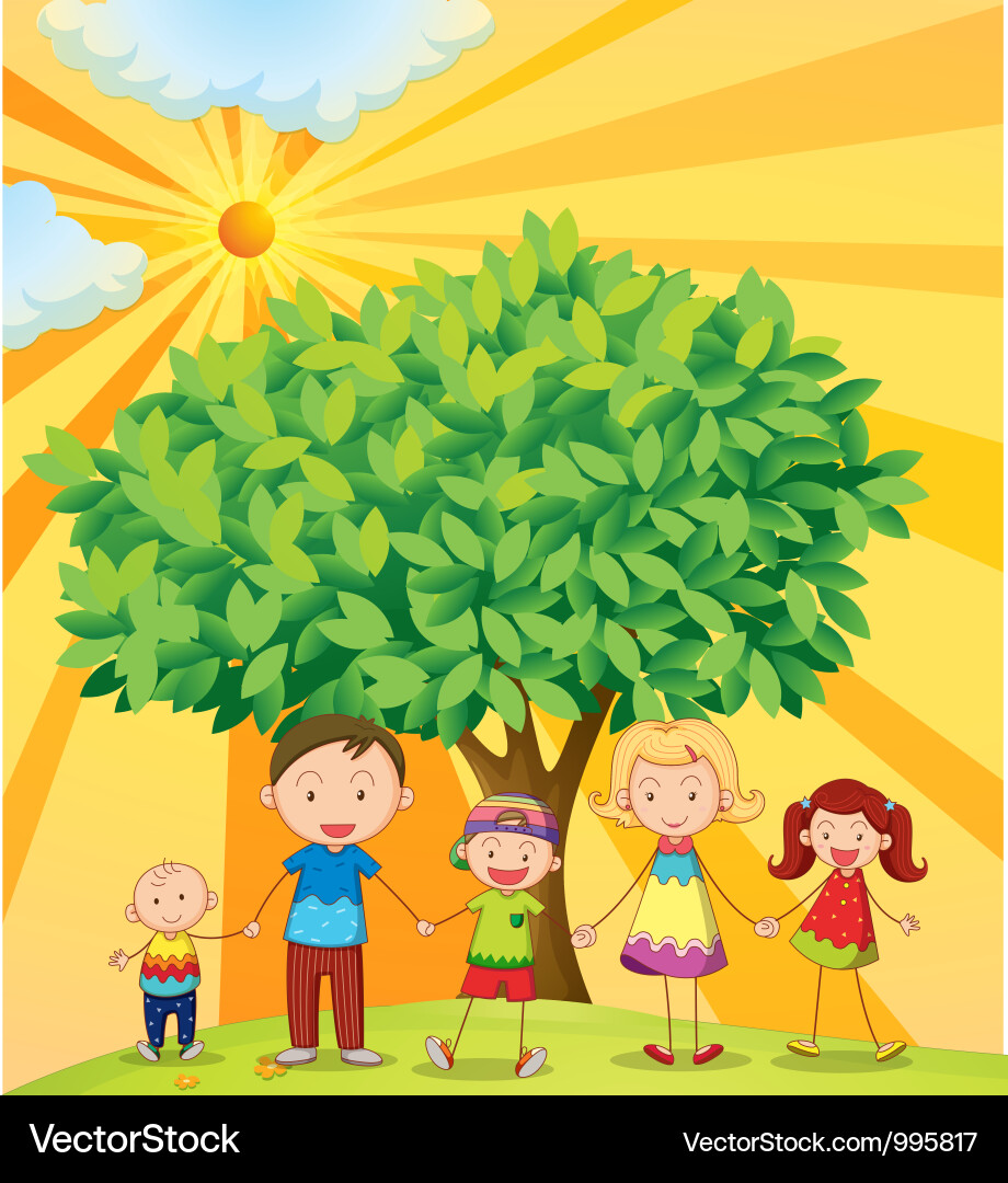 Familie unter einem sonnigen Baum Vektorbild