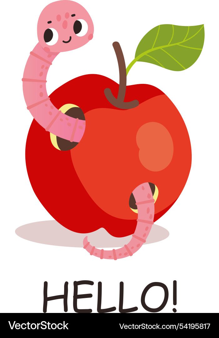 Worm and apple printable card with funny Worm and apple printable card with funny vector image