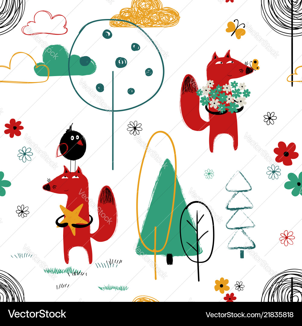 Fox in the forest seamless pattern Royalty Free Vector Image
