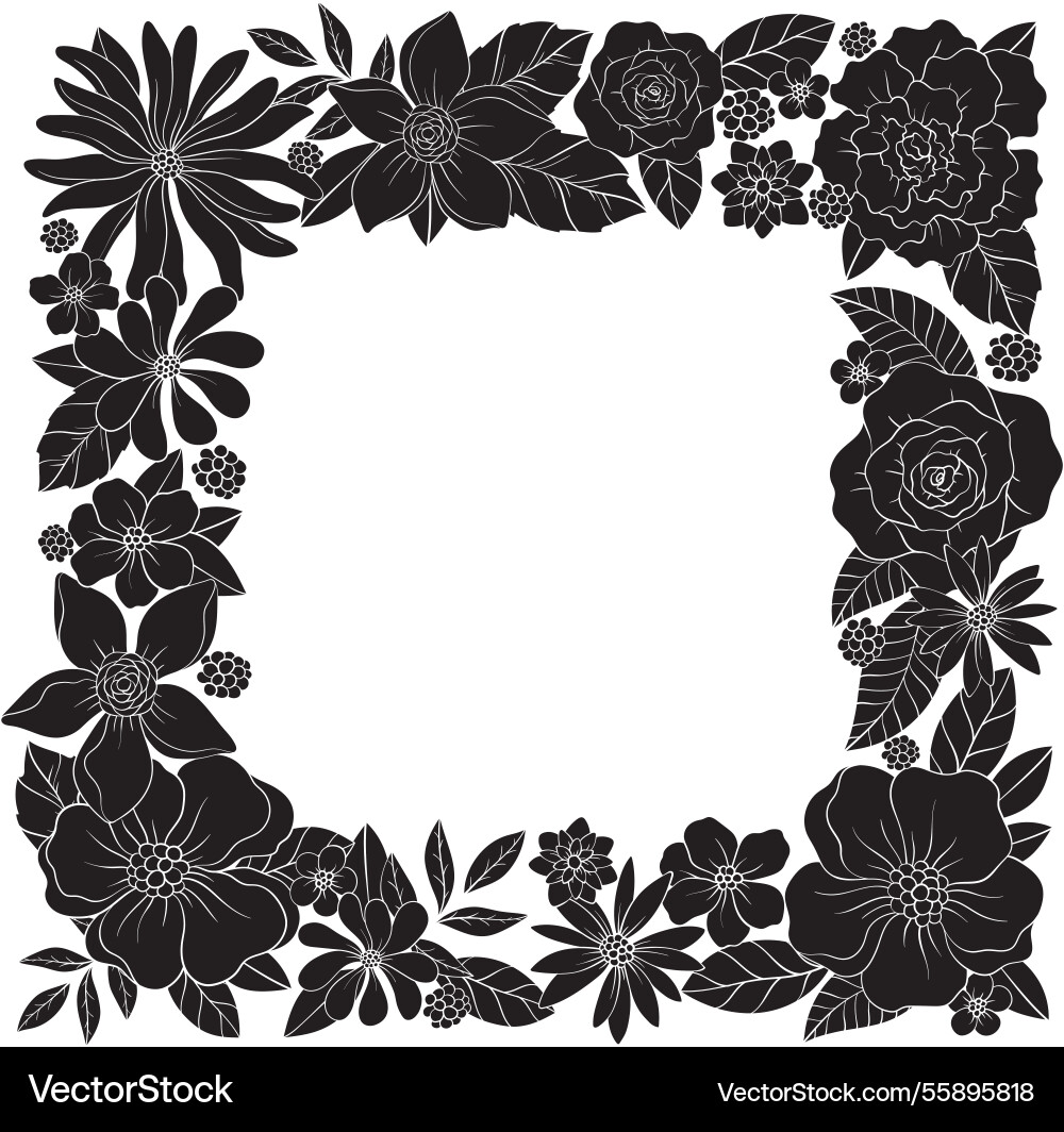 Silhouette floral square frame with wild flowers Silhouette floral square frame with wild flowers vector image
