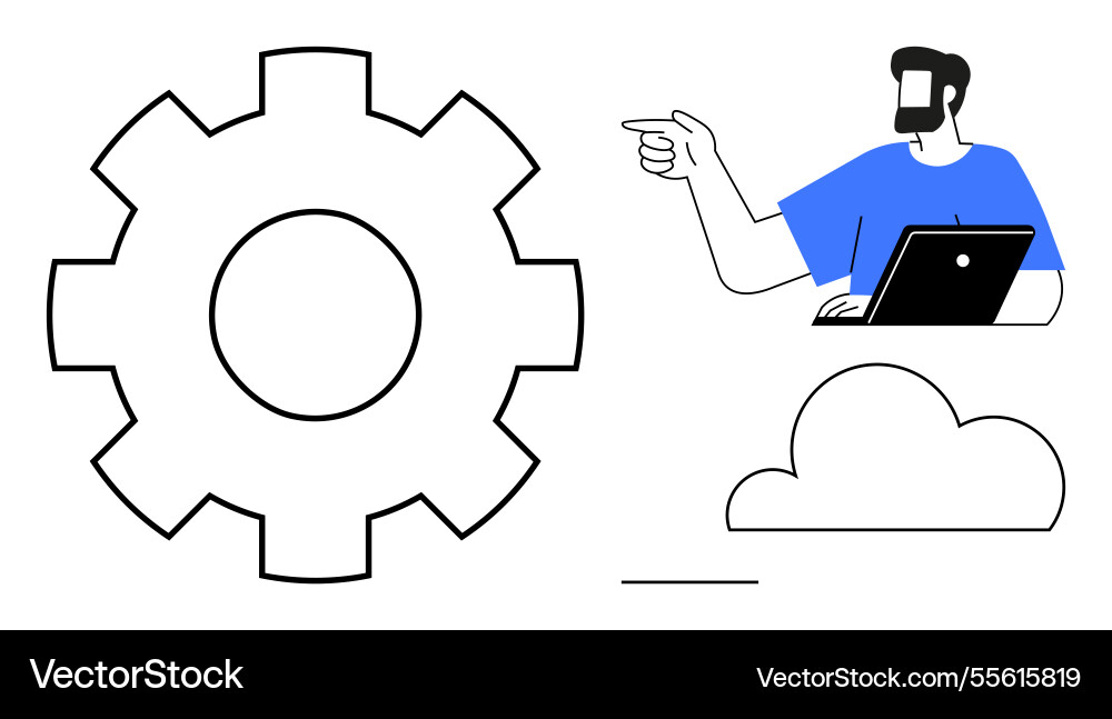 Man pointing while using laptop gear cloud Man pointing while using laptop gear cloud vector image