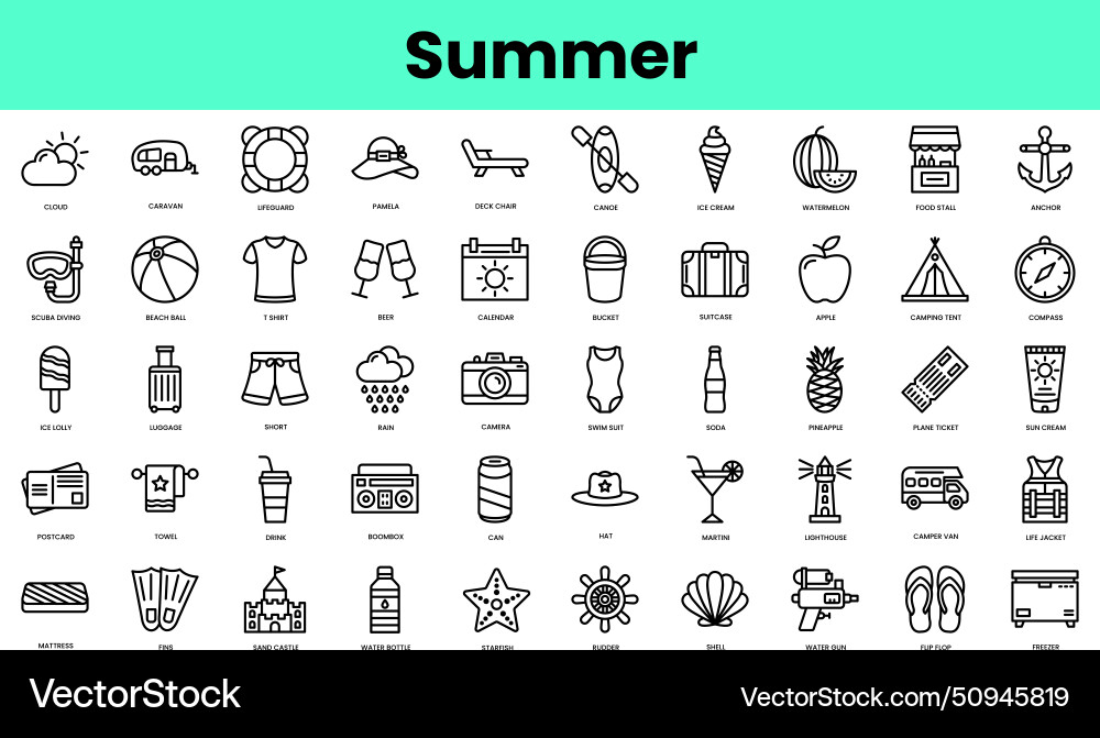 Set of summer icons linear style icon bundle Set of summer icons linear style icon bundle Vector Image
