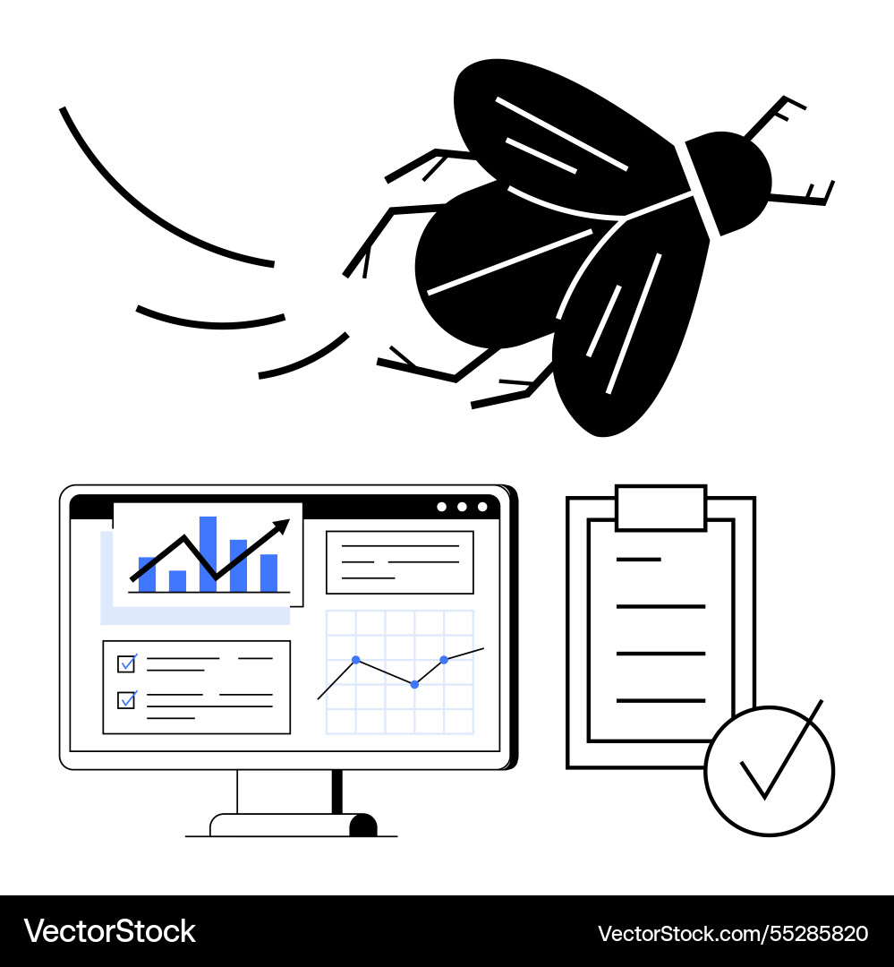 Bug flying over data charts and checklist Bug flying over data charts and checklist vector image