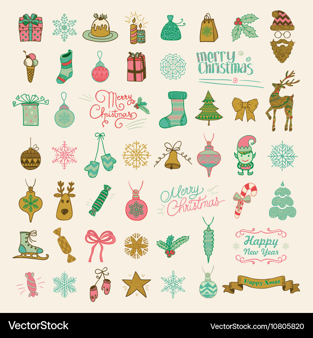 Festive Hand Drawn Christmas Doodle Icons Vector Image