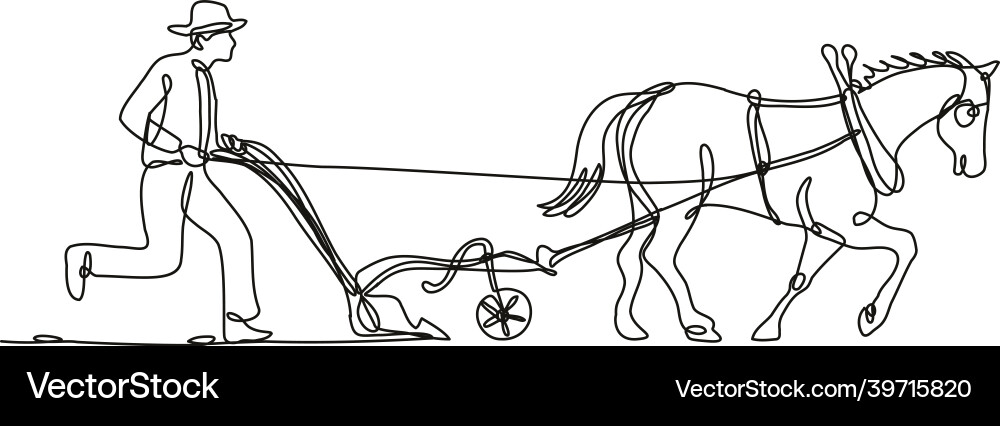 Organic farmer and horse plowing field side view Vector Image