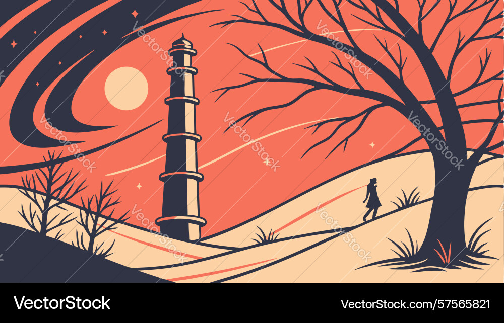 Tall lighthouse-like structure in abstract Vector Image